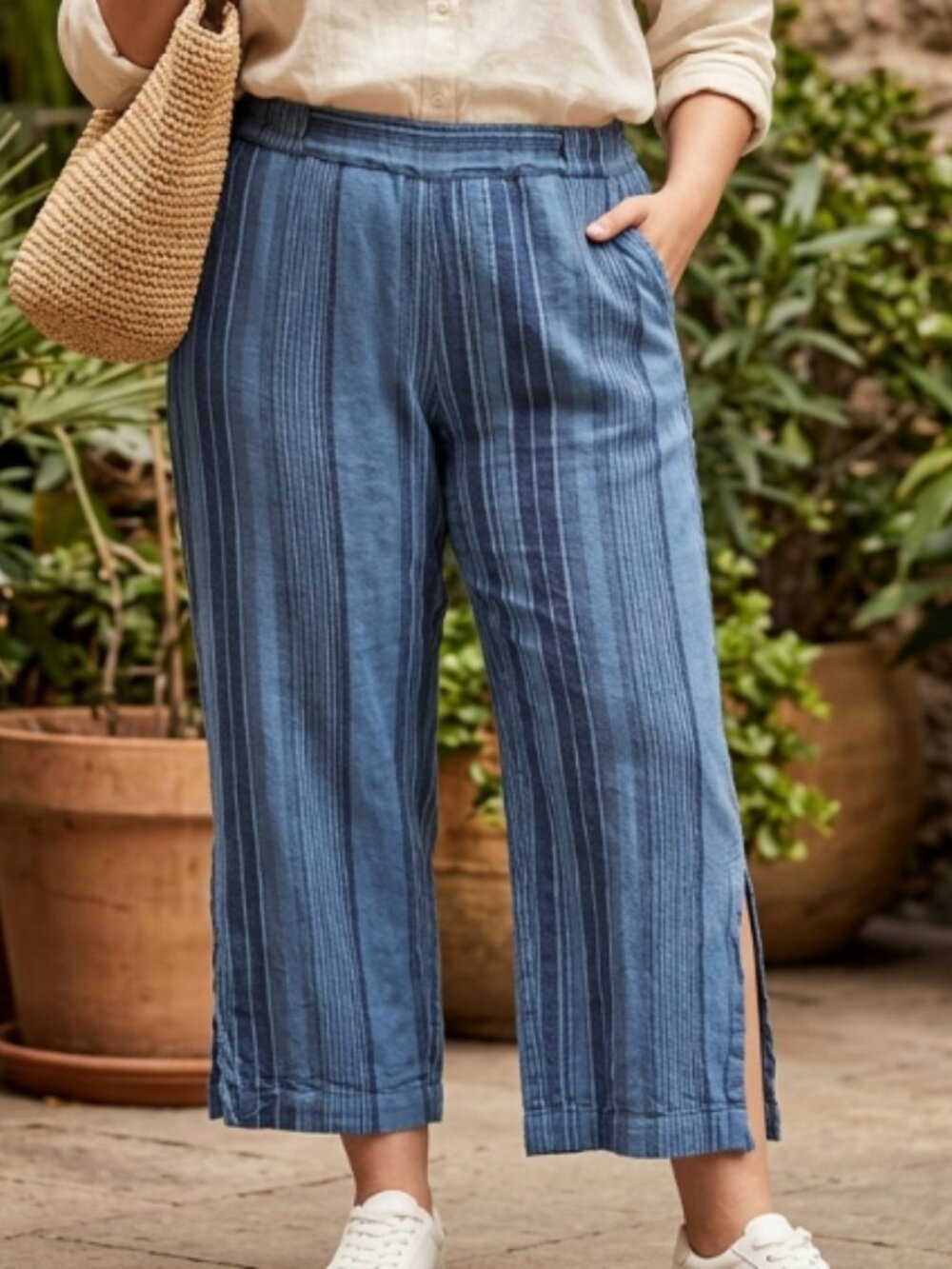 Indigo Rein Blue Striped Linen Blend Cropped Relaxed Pants XL Coastal Casual